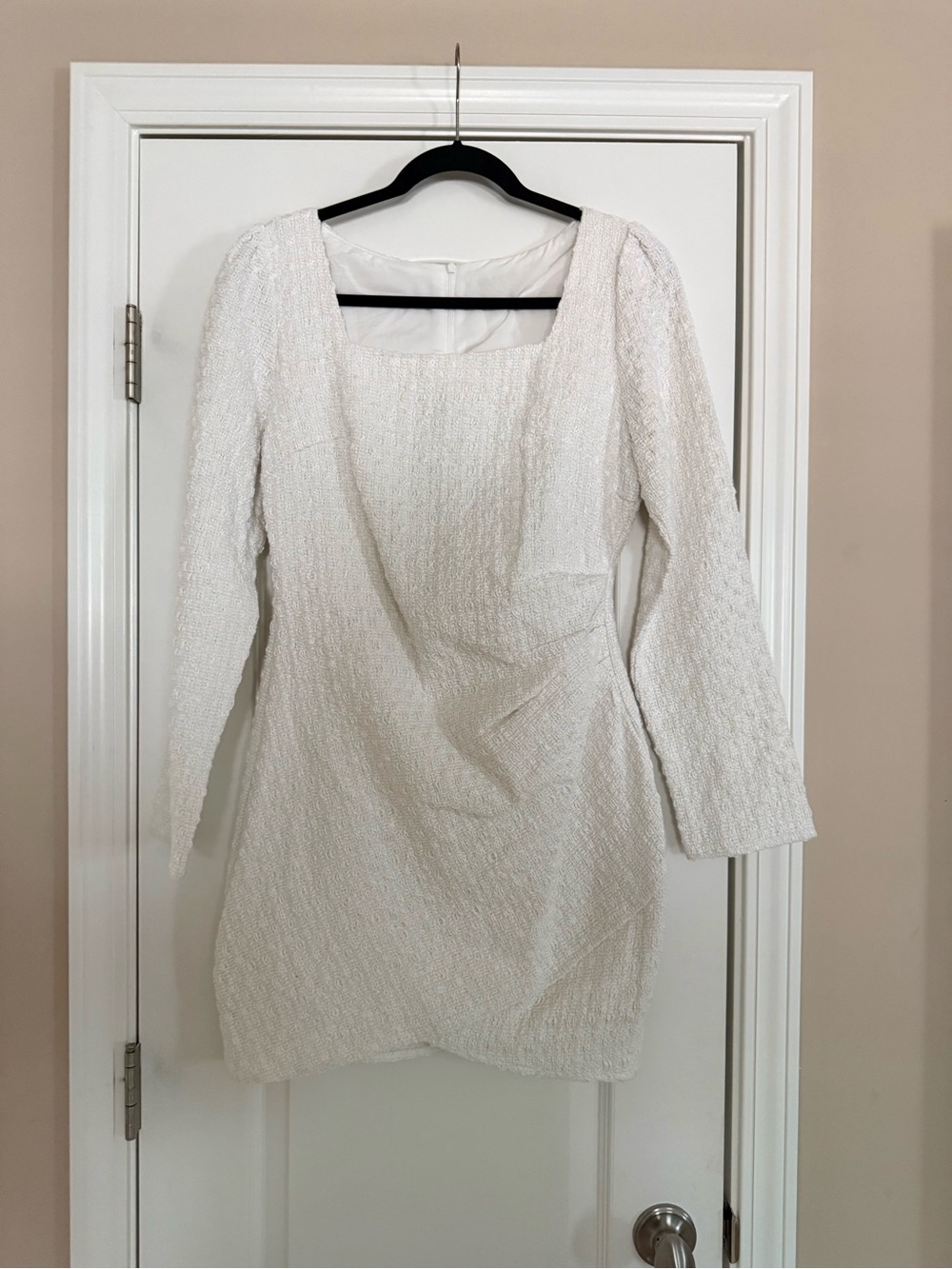 White Textured Square-Neck Women's Dress